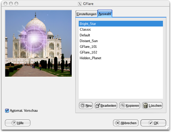 Eigenschaften im Reiter Auswahl für das Filter GFlare
